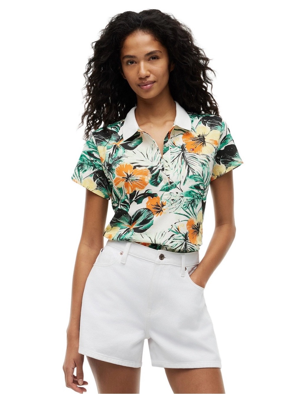 Tommy Hilfiger Short-Sleeve Floral Polo in White, Green & Orange NWOT